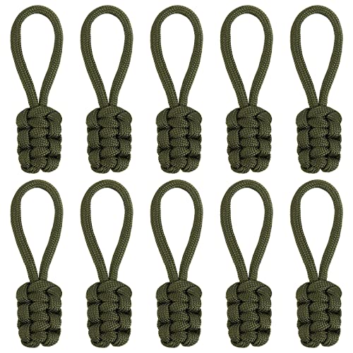 Image of GORGECRAFT 10PCS Zipper Pulls Replacement Universal Nylon Zipper Repair Kit Zipper Slider Pull Tab Zipper Fixer Metal Zipper Head Hand Woven Pull Rope Zipper Handle Cord Pull Tab, Dark Olive Green
