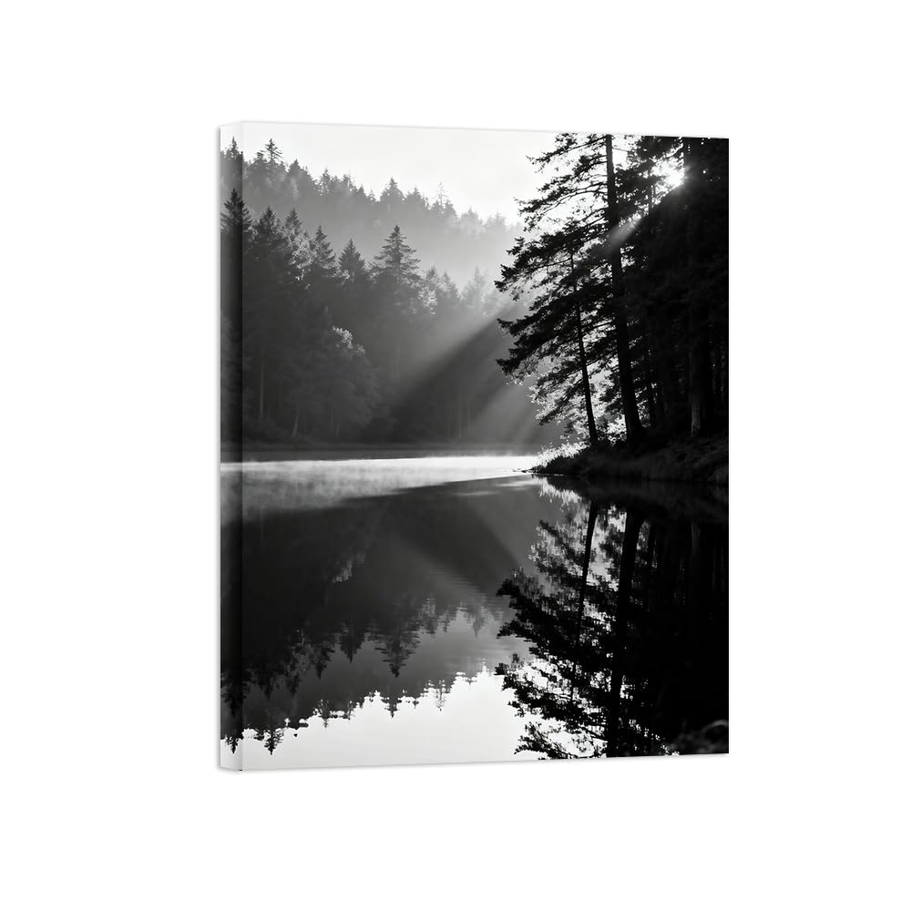 OZPWBVY Black and White Landscape Print Painting-Forest Lake Sunshine-Minimalist Canvas Wall Art Picture for Home Ready to Hang 31x41in 80x105cm Wrapped Canvas