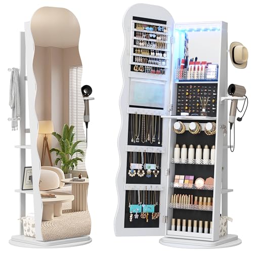 LVSOMT LED Specchio Portagioie da terra Ondulato, Girevole a 360° Armadio Portagioie con Specchio Bloccabile, Specchiera Contenitore in piedi Soggiorno, Camera da letto, 3 Ripiani e 3 Ganci, Bianco