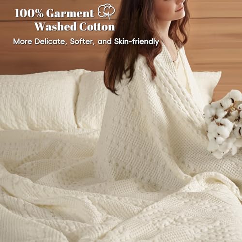 Image of PHF 100% Cotton Waffle Blanket Queen Size for Bed, Lightweight Breathable and Soft for Summer, Luxury Aesthetic Waffle Weave Blanket for Home Decor & Gifts for Women, 90 inchx90 inch, Cannoli Cream