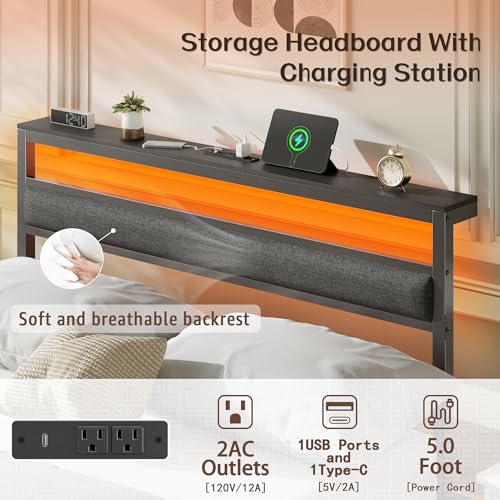 Image of OURPIC Full Size Bed Frame, Bed Frame Full with LED Lights and Charging Station Headboard, Metal Platform Bedframe and Dark Gray Storage Shelf, No Box Spring Needed, Noise Free