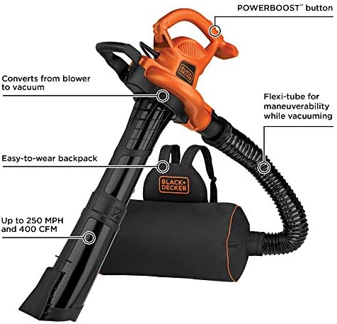 BLACK+DECKER Leaf Blower Vacuum Back Pack and Mulcher, Power Boost up to 250 MPH, 400 CFM, Corded (BEBL7000-CA) - 1