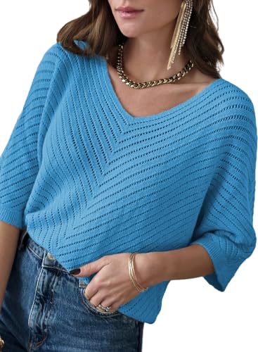 Image of Dokotoo Women's Spring Fall Fashion 2026 V Neck 3 /4 Short Sleeve Pullover Sweaters Loose Solid Color Jumper Knitted Casual Tunic Tops Blue Medium