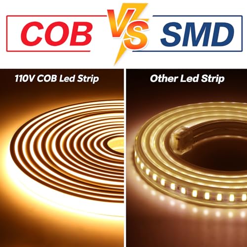 Image of LED Strip Lights Waterproof IP67 32.8ft Cuttable COB LED Rope Lights 10m AC 110V Light Stip 320LEDs 3000K Super Bright Warm White Lighting for Bedroom Ceiling Kitchen Cabinet Closet Mirror