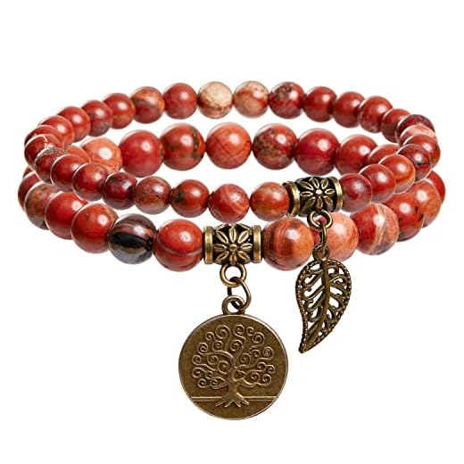 Bivei Red Jasper Beaded Bracelets Root Chakra Natural Healing Crystal Gold Tree of Life and Leaf Charm Quartz Energy Bracelet Set Semi-Precious Gemstone Stretch Bracelets for Women Calming Anxiety