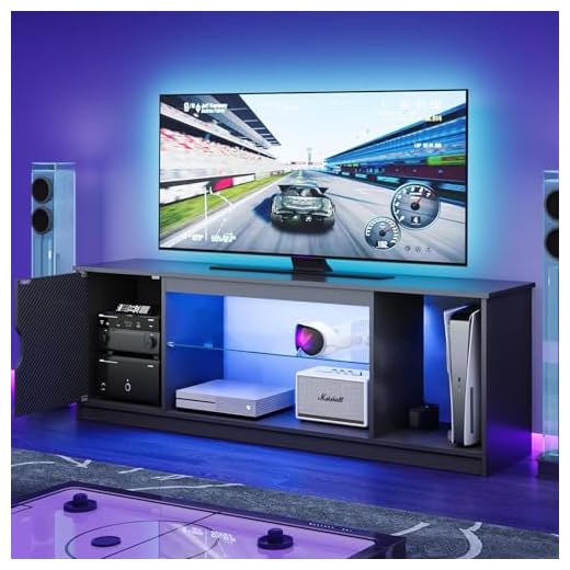 Bestier TV-Schrank 145x35x52 cm für Fernseher bis 65 Zoll mit RGB LED-Beleuchtung (22 Farben) & verstellbaren Glasböden - Lowboard für Wohnzimmer, Schlafzimmer (Schwarze Kohlefaser)