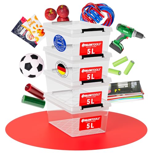 ATHLON TOOLS 4x 5 L Aufbewahrungsboxen mit Deckel, lebensmittelecht - Verschlussclips - 100% Neumaterial Plastik-Box transparent - Kleiderboxen stapelbar…