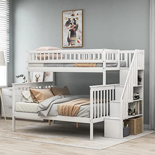 YOUJUNER Twin Over Full Size Bunk Bed with Storage Stairs, Wood Stairway Bunk Beds Stairway and Full-Length Guard Rail for Kids Teens Bedroom