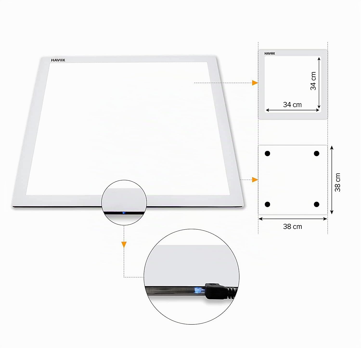 HAVOX - Shadowless LED Panel - Dimension 38cmx38cm - Day Light 5500k - Cancel All Product/Object Shadow - Adjustable Brightness with rotativ dimmer Control