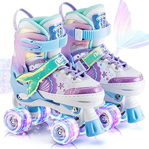 NEMONE Mermaid 4 Size Adjustable Light up Roller Skates for Girls, Purple Blue Skates for Toddlers, Outdoor Beginner Kids Roller Skates Indoor - Size Medium(13C-3Y US)
