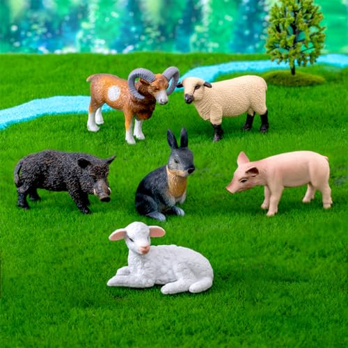 FineInno 6Pcs Mini Farm Animal Figurines Include 3D Rabbit Pig Sheep Lamb Wild Boar Antelope Plastic Realistic Statue Cake Topper Model Home Decor - Image 2
