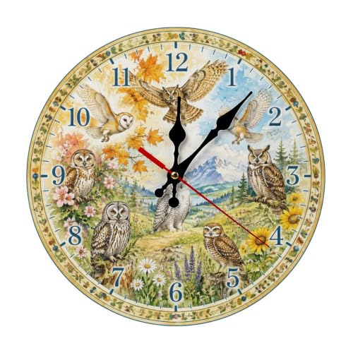 whqhup Owls in Autumn Mountain Landscape Round Wooden Wall Clock for Living Room, Bedroom, Kitchen