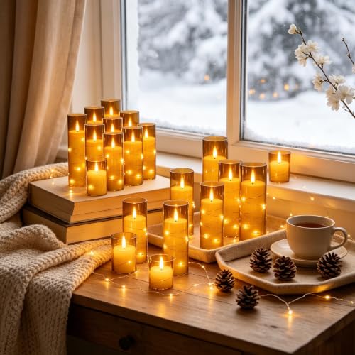 Image of 12 Pack Gray Acrylic Flameless Taper Candles, Flickering Black Wick LED Candles with Surrounding Fairy String Lights, Heat Resistant ABS Candles, 2 Remotes, Assorted 5-8 Inch for Indoor Outdoor Decor