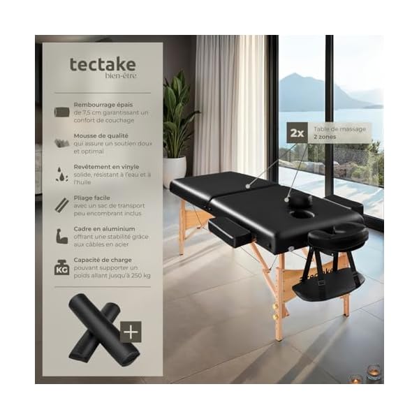 tectake® Table de Massage Pliante Professionnelle 2 Zones Ergonomique Massage et Relaxation Bois Table Esthetique Professionnel Lit de Massage Portable, Rouleaux & Housse de Transport - Noir