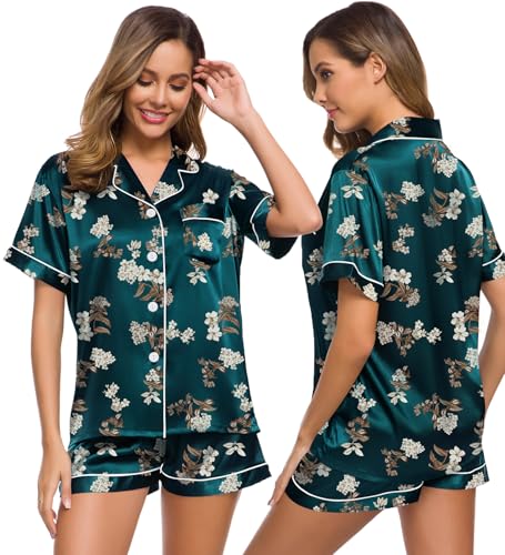 Image of SWOMOG Womens Silk Satin Pajamas Set Short Sleeve Sleepwear Button Down Top and Shorts Loungewear 2 Piece Pjs Set XS-3XL