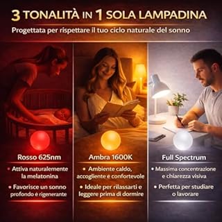 VERLSA Lampada Luce Rossa Melatonina con 3 sfumature- E27-7w - lampada luce melatonina 625nm, ambra 1600k e bianco 4000k - Luce rossa Notturna Rilassante, Bilancia il Ritmo Circadiano (1, E27)