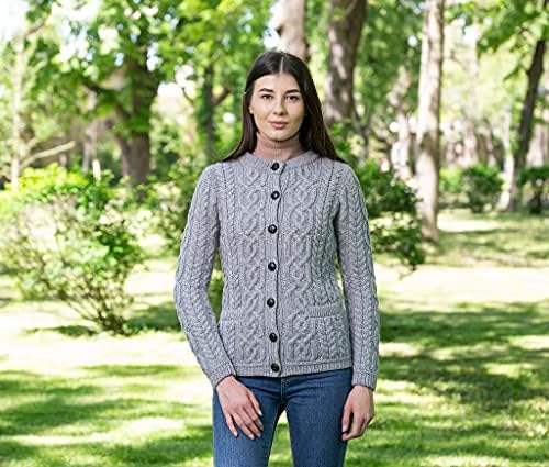 Image of SAOL 100% Merino Wool Ladies Irish Buttons Knit Cardigan Lumber Jacket with Pockets