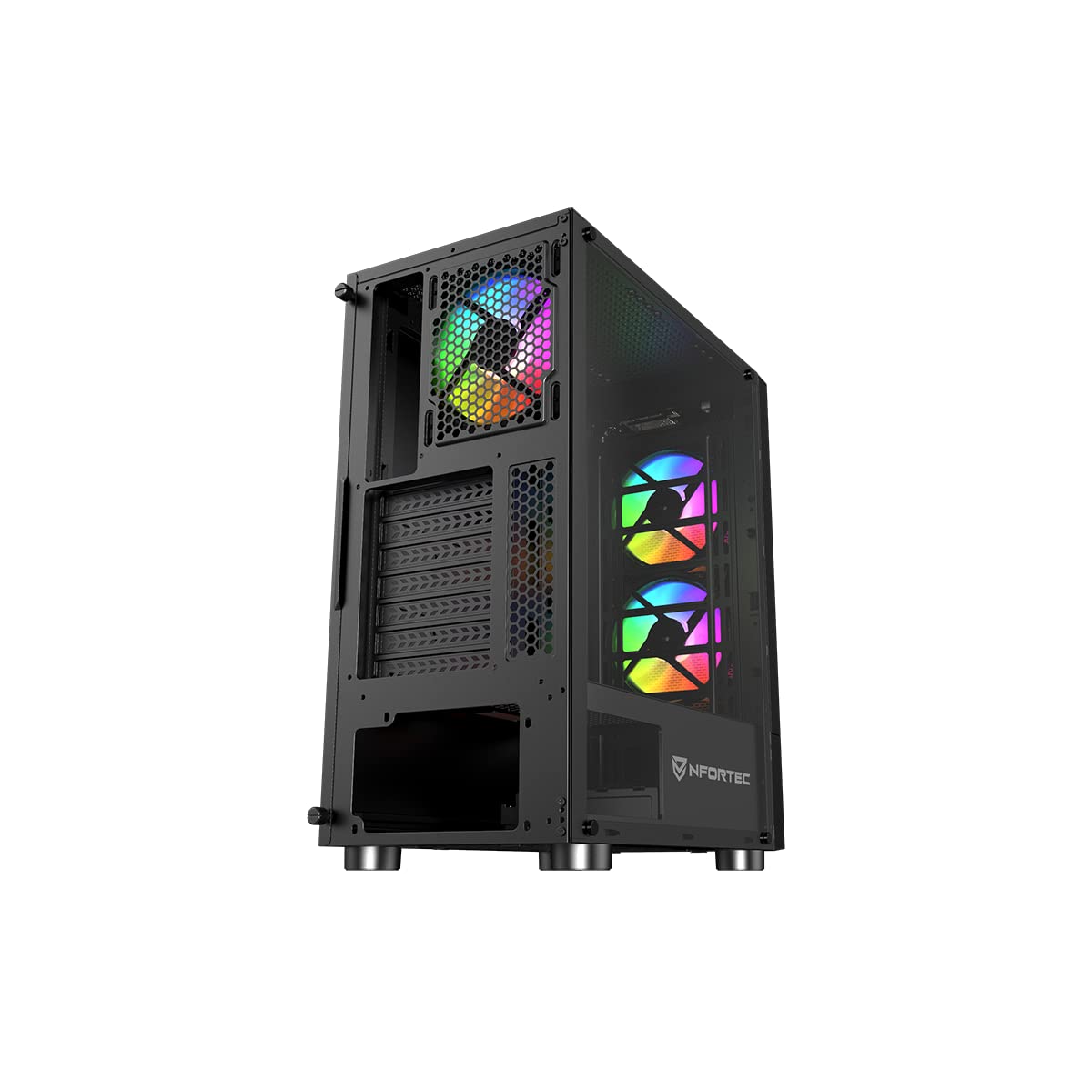 Nfortec - CAELUM Case per PC da gioco Mid Tower (ATX), 3x ventole ARGB da 120 mm incluse, rete frontale, vetro temperato laterale, nero