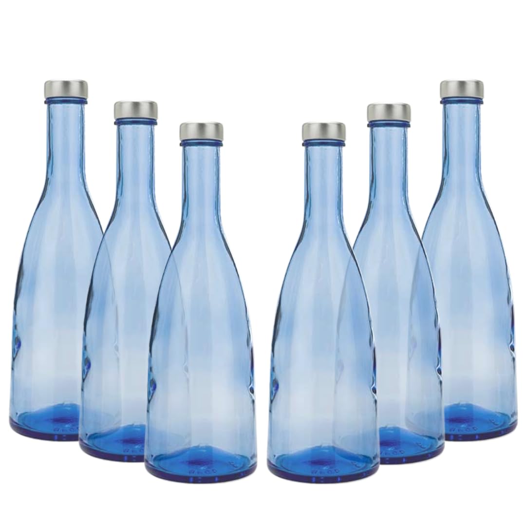 Lot de 6 bouteilles en verre bleu modèle Conviva, 750 ml, bouchon à vis couleur argent, bouteille en verre pour eau solaire