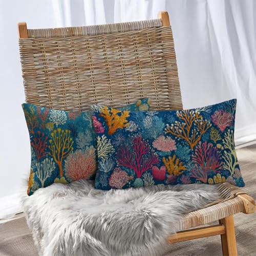 Housse de coussin extérieur imperméable en lin bleu double face premium.