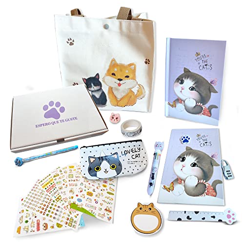 Diario secreto niña con codigo - Set papeleria niña - Lindo gatito - Papeleria bonita - Papeleria Kawaii - Diario secreto niña - Regalo niña - Muchos complementos (MALVA)