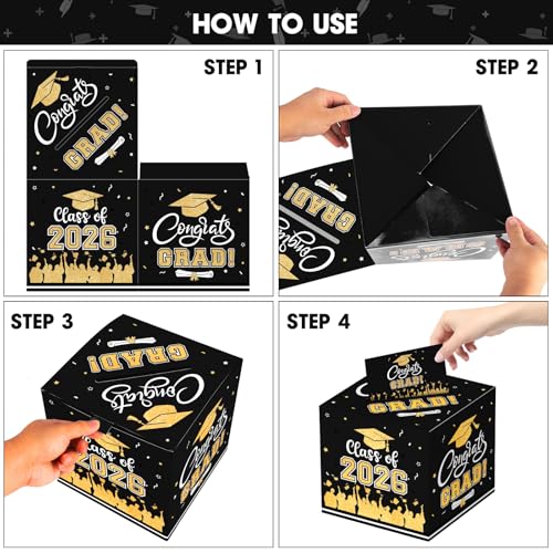 Image of Graduation Card Box 2026 - Congrats Grad Card Boxes Holder, Black and Gold Class of 2026 Gift Cards Box for Graduation Decorations 2026 Favors Party Decor Supplies Props, 9x 9 x 9 inches