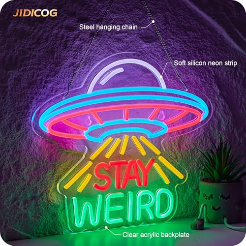Image of Stay Weird Neon Sign Alien UFO Tractor Beam LED Lights for Wall Decor | USB Powered Alien UFO Decor for Farmhouse Bedroom Porch Game Room Man Cave Kids Gift