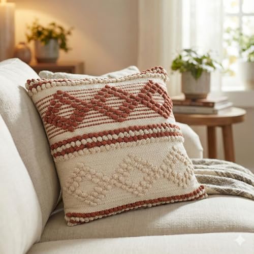 TreeWool Housse de Coussin Décorative Tissée en Coton à Motif Losanges Bohème, pour Canapé et Salon (45x45cm, Rouille, Lot de 1)