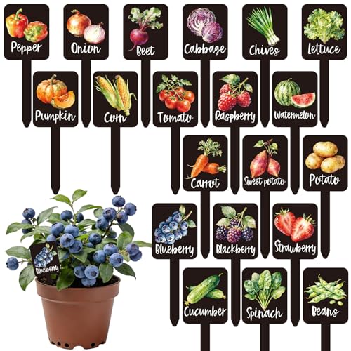 Whaline 20Pcs Watercolor Vegetable Plant Label Signs 20 Styles Garden Markers Waterproof Black Acrylic Plant Stake Tags with Names for Nursery Indoor Outdoor Garden Decor