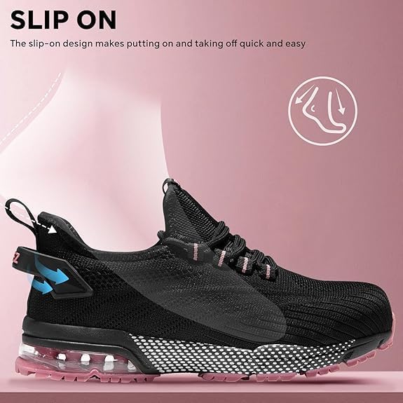 SPIEZ Composite Toe Safety Shoes for Women,Breathable Lightweight Non Slip Work Shoes,Air Cushion Safety Sneakers for Daily Casual Wear and Various Harsh Environments Black-Pink(4.5-10) - Image 3