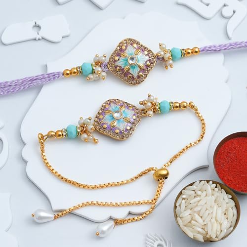 Image of eCraftIndia Beautiful Floral Designer Bhaiya Bhabhi Rakhis with Best Bro Ever Fridge Magnet | Set of 2 Rakhi for Brother and Bhabhi | Lumba Rakhi | Roli Chawal Pack