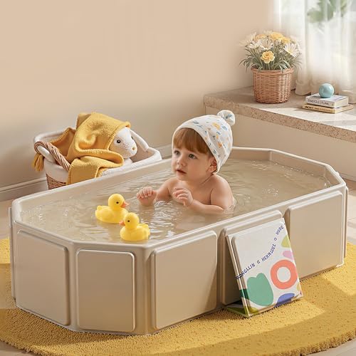Faltbare Badewanne für Kinder, Tragbare Badewanne, Große Kleinkindbadewanne, Tragbares Duschbecken, Badewanne Kinder für 0-8 Jahre, Integrierte Badewanne mit Ablassschraube - Beige