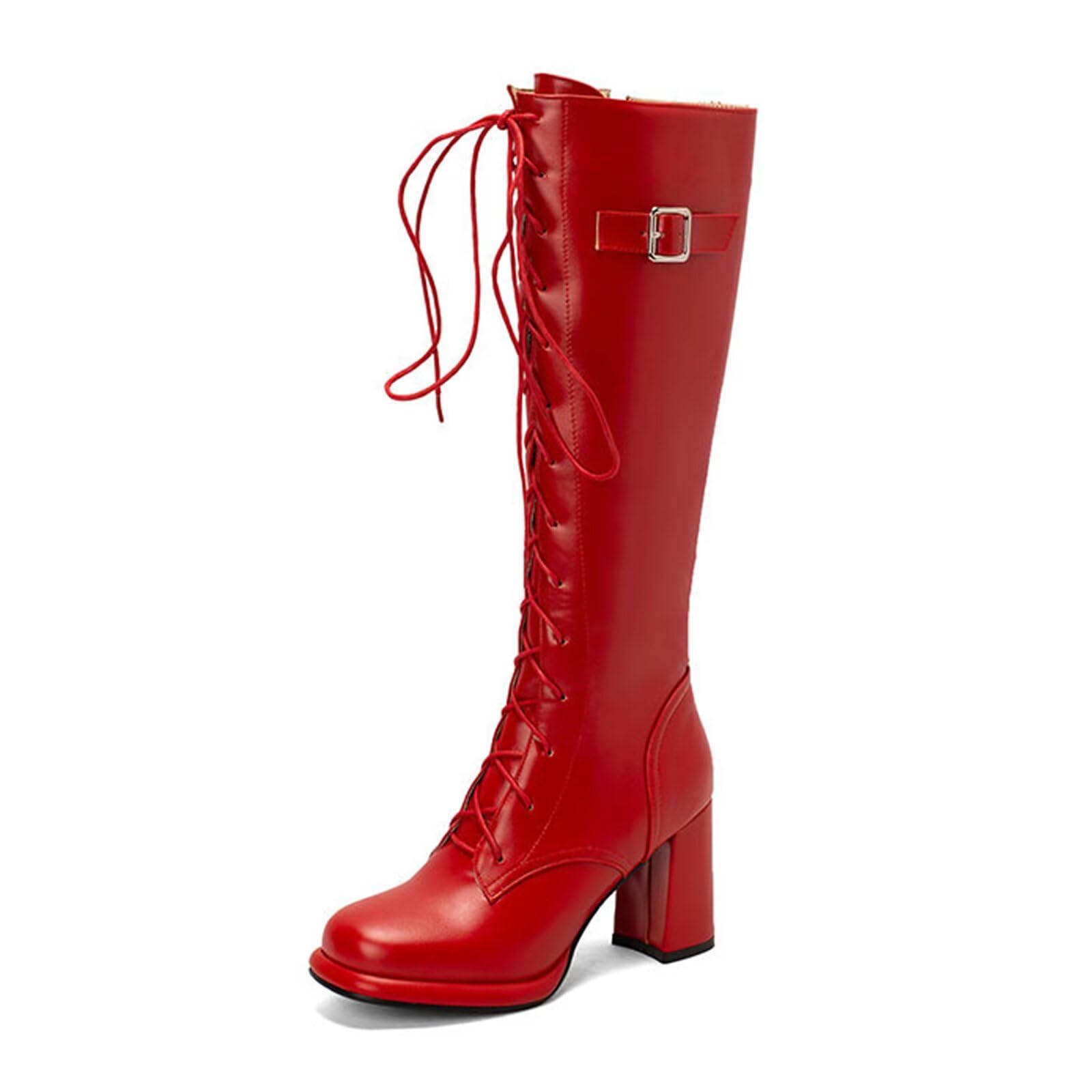 Générique Bottes Hautes à Lacets pour Femme Bottes Genoux Talon Bloc Épais Bottines Plateforme Élégant Cavalière avec Fermeture Éclair et Boucle Automne Hiver