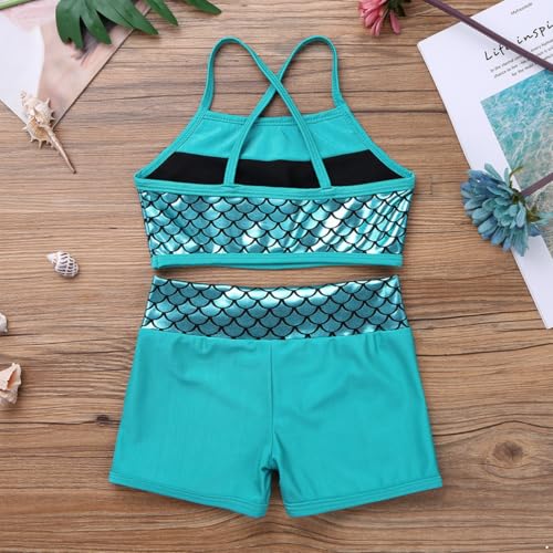 YEAHDOR Big Girls' 2 Pieces Gymnastics Dancing Outfits Crop Bra Top with Shorts Set Athletic Sports Actviewear Lake Blue Mermaid Scales 3-4 Years4