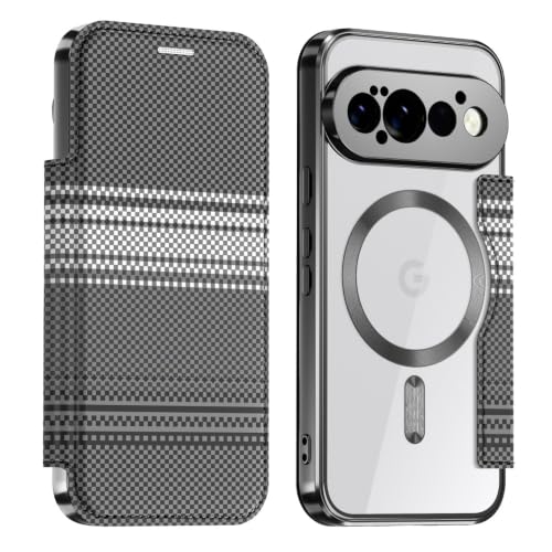 Étui portefeuille Google Pixel 11 Pro noir rabat magnétique et motif carbone