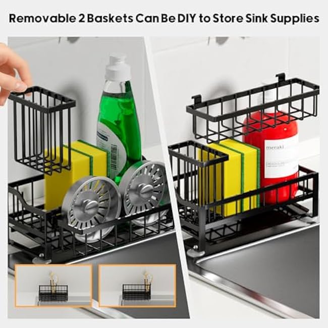 Compact Kitchen Sink Caddy Organizer with Long Brush Holders, 2 Baskets Sponge Holder for Kitchen Sink, Self Drain Rustproof Stainless kitchen Countertop Storage, Small Soap Dispenser Scrubber Rack