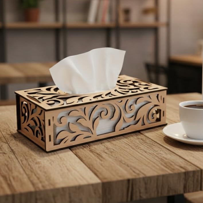 Image of Laser Cut Wooden Tissue Box Holder - Decorative MDF Tissue Case for Dining Table, Office & Living Room (7x5x2.5 Inch)