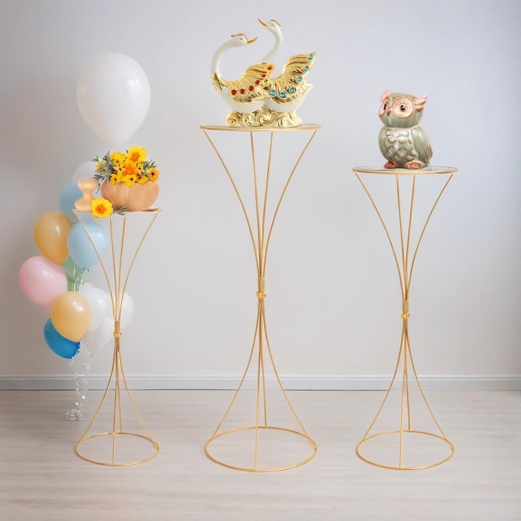 Cylinder Pedestal Stands for Party, 3 PCS Hourglass Gold Metal Plant Round Cylinder Stands for Party Flowers, Display Pedestal Stand Cylinder Tables for Vases Birthday Party Backdrop Decorations