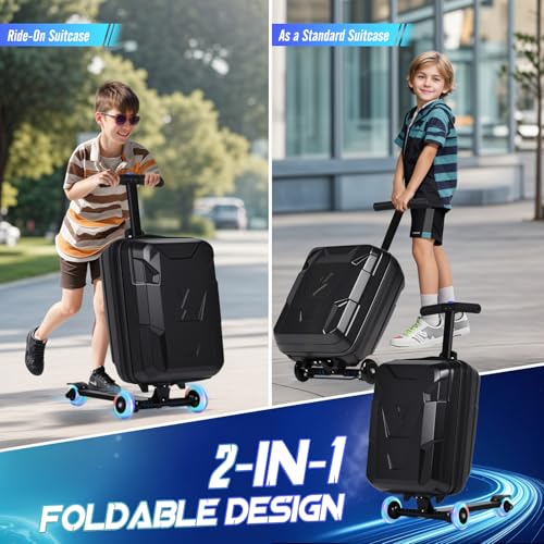 smilesun Scooter Suitcase for Kids & Adults, Foldable Carry On Travel Luggage, Hardside Ride on Scooter Suitcase with LED Light up Wheels，Black2