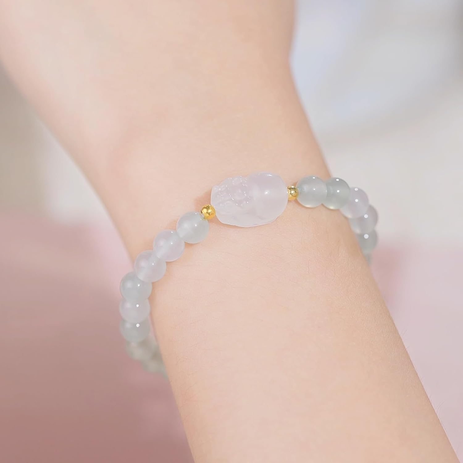 18K Gold Bracelets Chalcedony Beaded Bracelet Pixiu Charm Bracelet Natural Round White/Pink/Green Chalcedony Red Agate Gemstone Stretch Bracelets Healing Bracelet for Women Mom Lover - Image 3