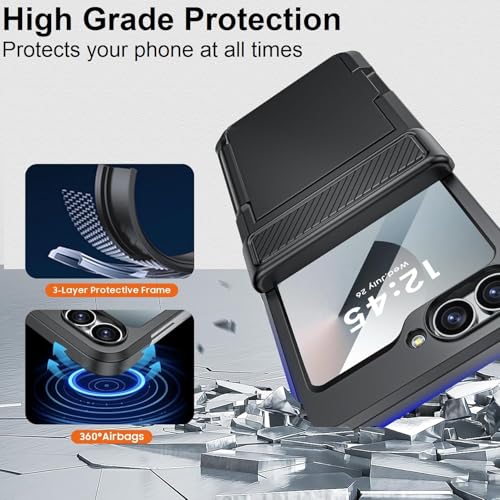 Image of Midkart Card Holder Case Compatible with Samsung Galaxy Z Flip 6 / Z Flip 7 FE with Hinge Protection Built-in Screen Protection Armor Cover Shockproof, Black