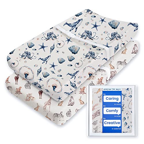 Image of Extra Stretchy Changing Pad Cover, TotBasic Ultra Soft Premium Jersey Knit Changing Pad Sheets, Unisex for Boys Girls, Fits All Standard Changing Tables/Dresser Tops - 2 Pack (Ocean Pals + Wildlife)