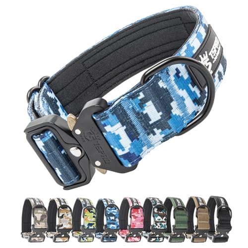 TSPRO Premium Collare per Cani, Regolabile Collare Tattico con Patch e una Robusta Fibbia Metallica a Sblocco Rapido, per Cani di Taglia Media a Grande (Camo Blu L)