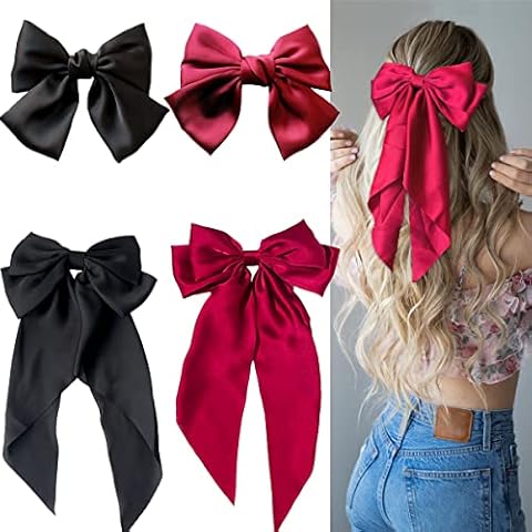 BOYIVI 4 Pieces Silky Satin Hair Bows, Soft Ribbon Clips Hair Barrettes for Women Girls (Large Bow: 15 x 7.87 inches, Small Bow: 5.12 x 7.87 inches, Wine Red, Black, 4 Count) Cover