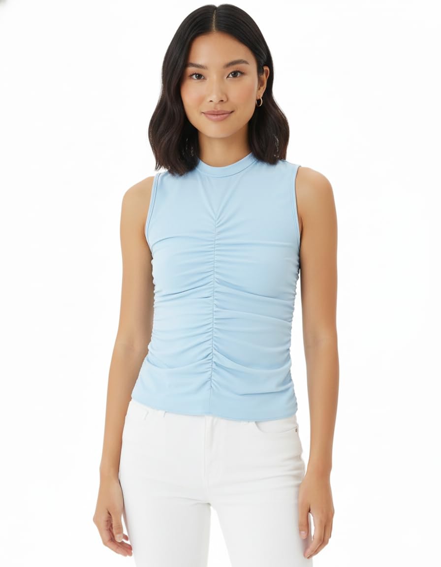 bedazzle Women’s Sleeveless Ruched Tank Top – Light Blue High Neck Stretch Slim Fit Blouse – Summer Casual Workout Yoga Layering Shirt for Girls, Teens & Everyday Fashion-picture-25