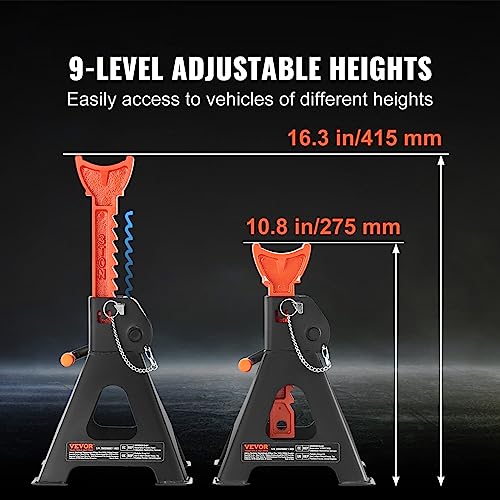 Image of VEVOR Jack Stands, 3 Ton (6,000 lbs) Capacity Car Jack Stands Double Locking, 10.8-16.3 inch Adjustable Height, for Lifting SUV, Pickup Truck, Car and UTV /ATV, Red, 1 Pair