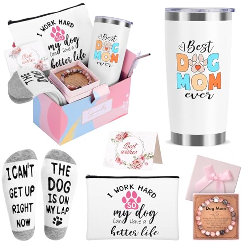 Dog Mom Dog Lover Gifts for Women, 20oz Wine Tumbler Set with Makeup Bag & Natural Stone Paw...