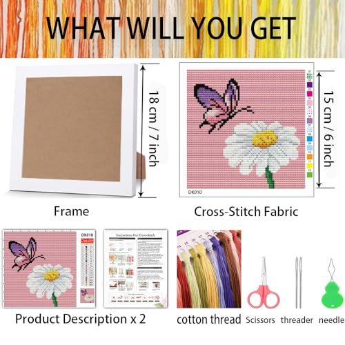 Image of Butterfly Cross Stitch Kits, Daisy Cross Stitch Kits For Adults, Stamped Cross Stitch Kits For Beginners with Framed,Full 11CT Cross-Stitch Embroidery Kit ,Arts And Crafts For Adults Women 6.7x6.7inch