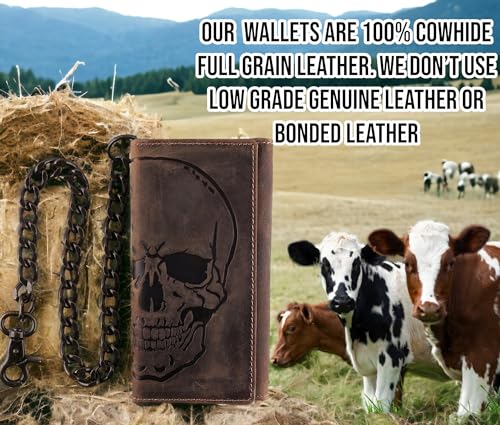 Image of F&L CLASSIC RFID Blocking Mens Tri-fold Long Style Cowhide Leather Steel Chain Wallet,brown distress with skull,212-70