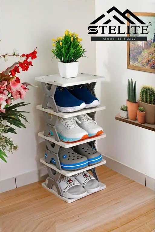 Image of STELITE 6 Layer Plastic Shoe Rack for Home Strong Durable Stackable Adjustable Shoe Organizer Shelf Space Saving Multipurpose Storage Stand for Shoes Slippers Books Bedroom Closet Corner